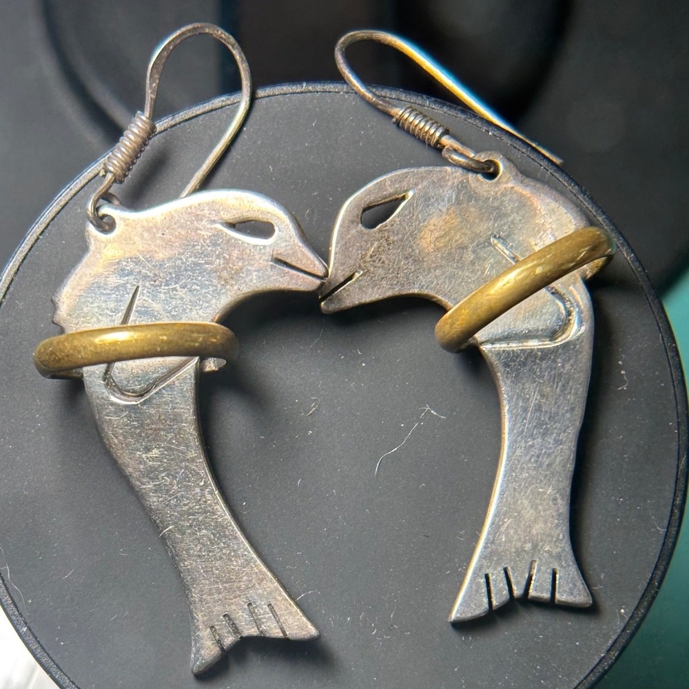 Vintage Taxco Mexico 925 Sterling Silver Dolphin Mixed Metal Dangle Earrings